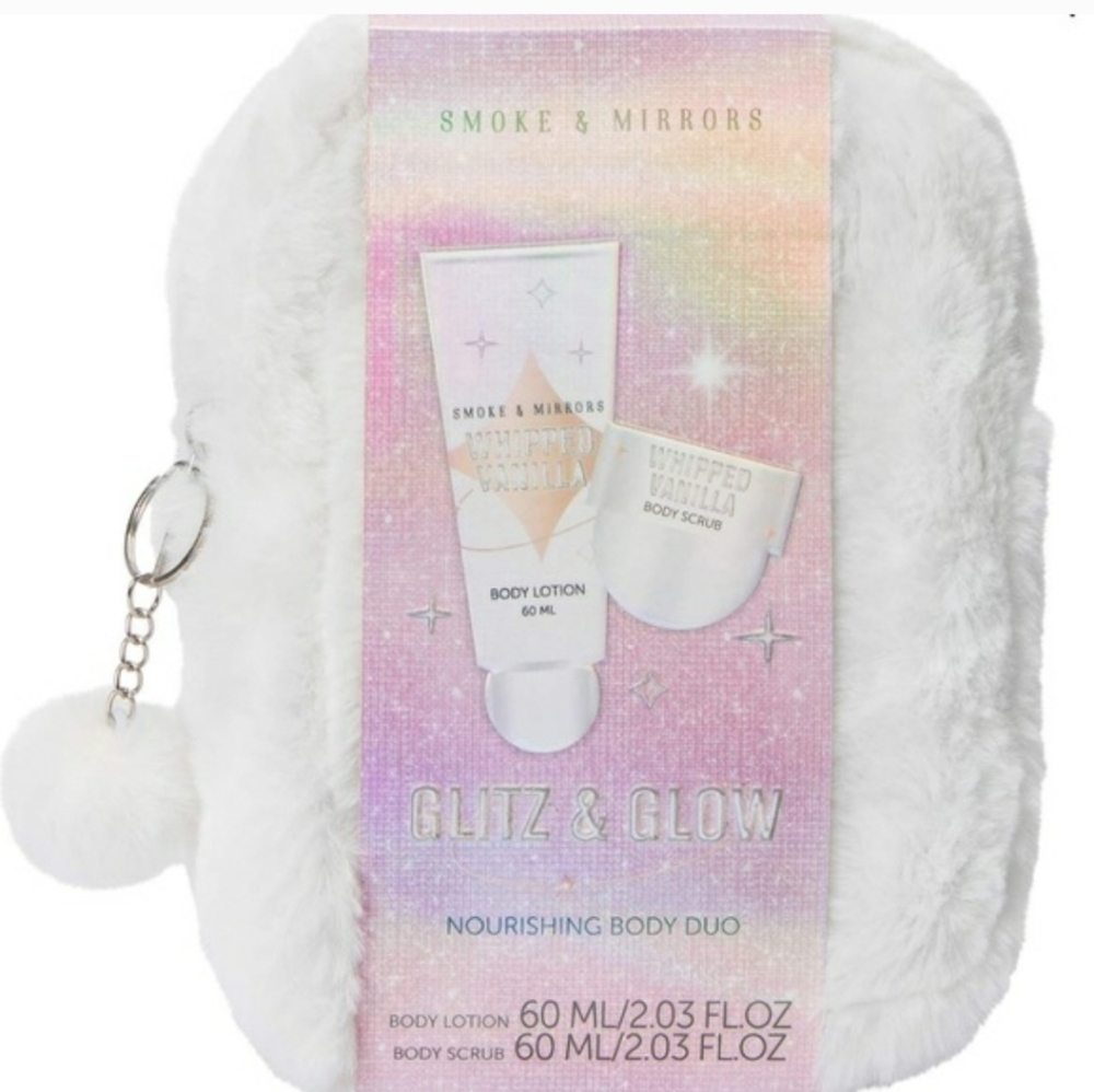 NWT Smoke & Mirrors Glitz & Glow Body Trio with White Furry Bag